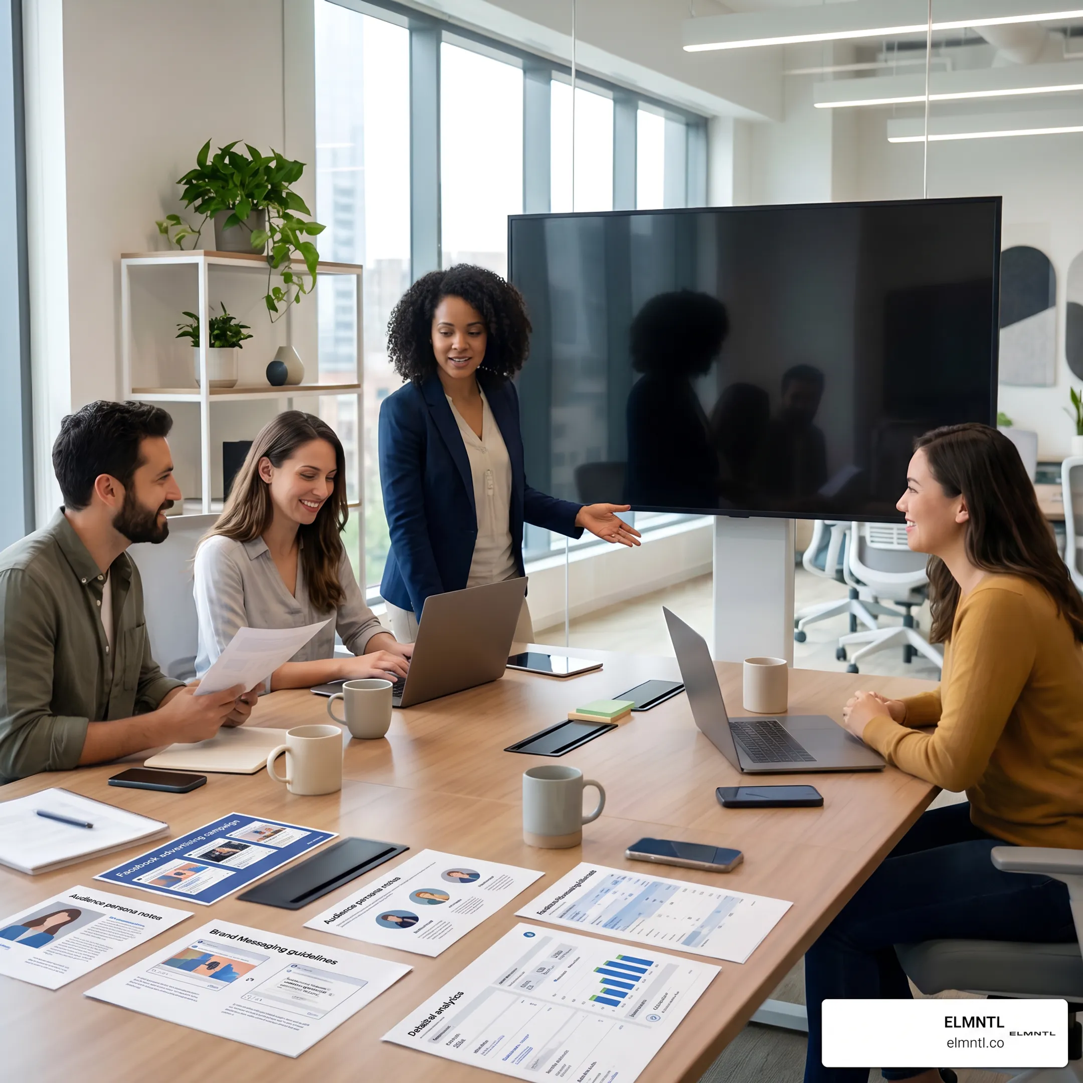 Strategist planning Facebook advertising campaign goals and creative direction