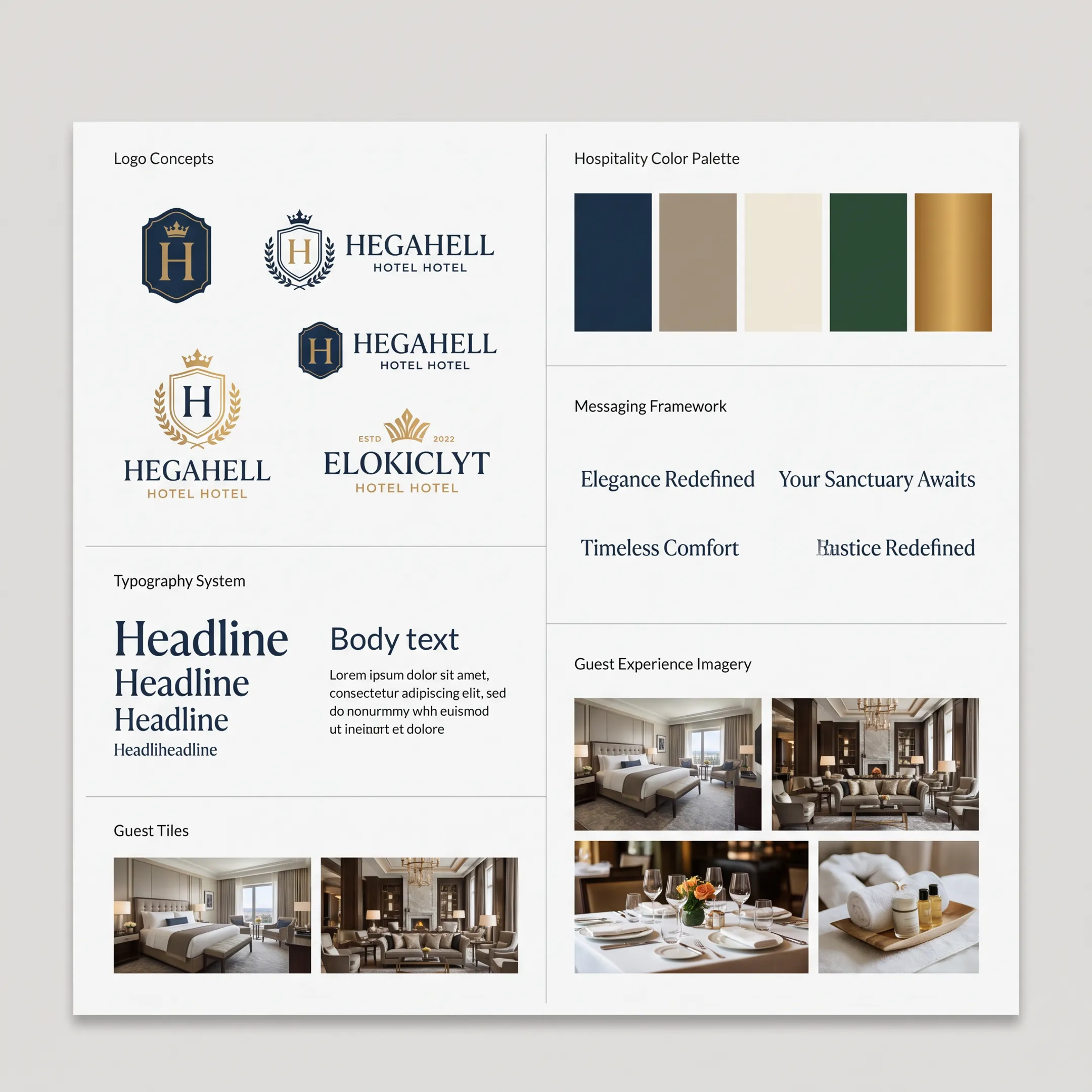Hotel brand identity presentation with logo, typography, and messaging concepts
