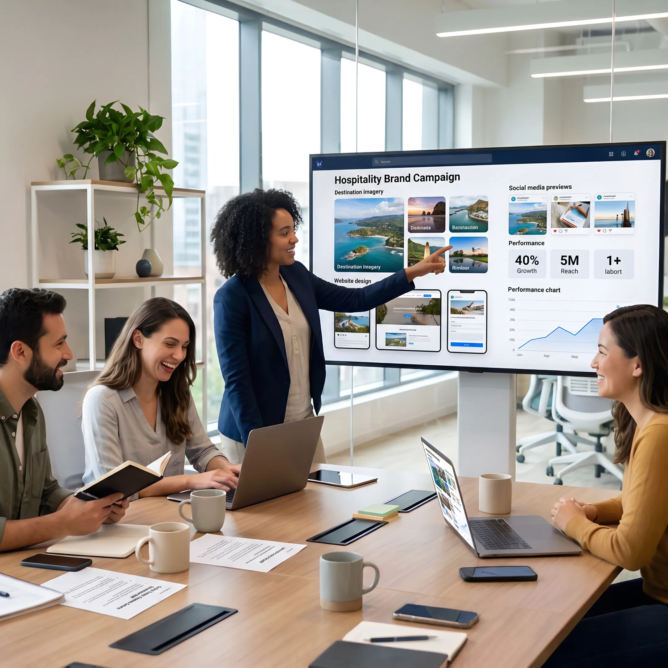 Hospitality marketing campaign assets displayed beside performance analytics