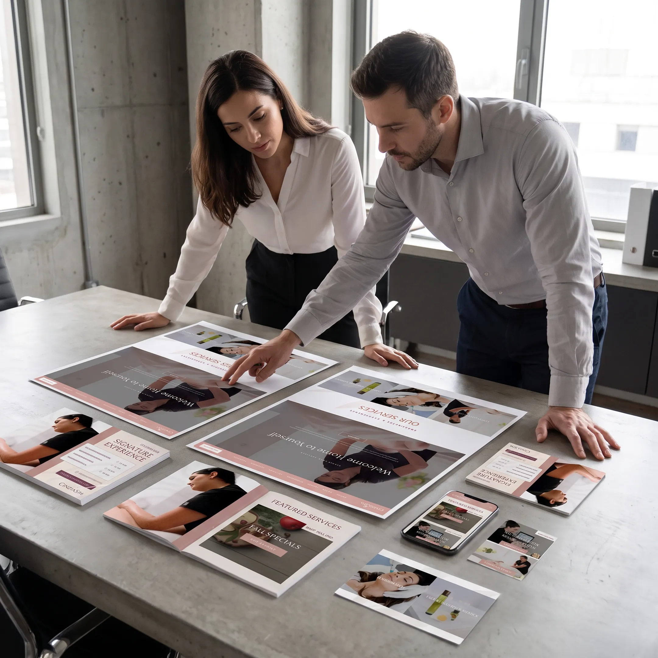 Designer reviewing branded advertising concepts and campaign visuals