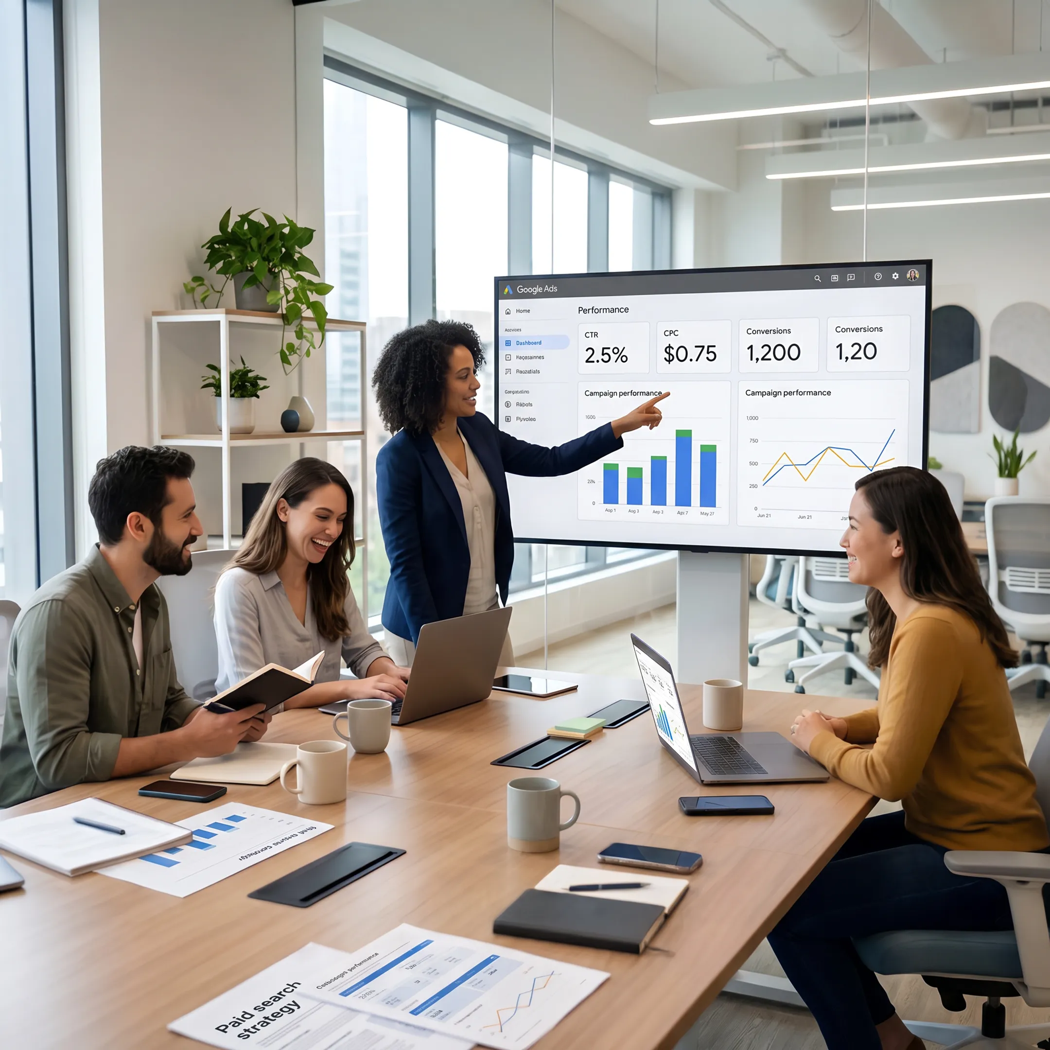 Marketer planning a Google Ads campaign strategy with performance reports