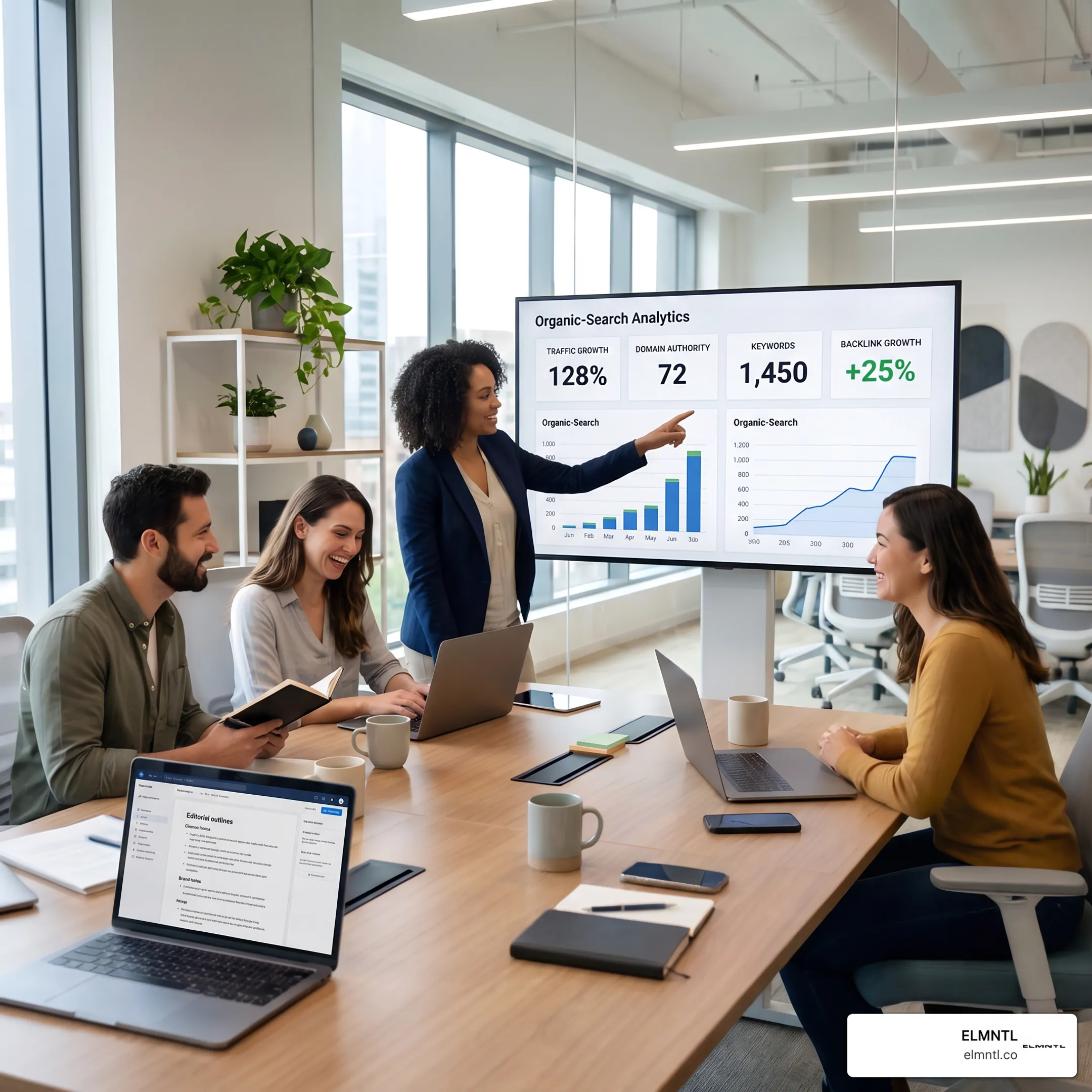 SEO team planning a digital authority and content strategy