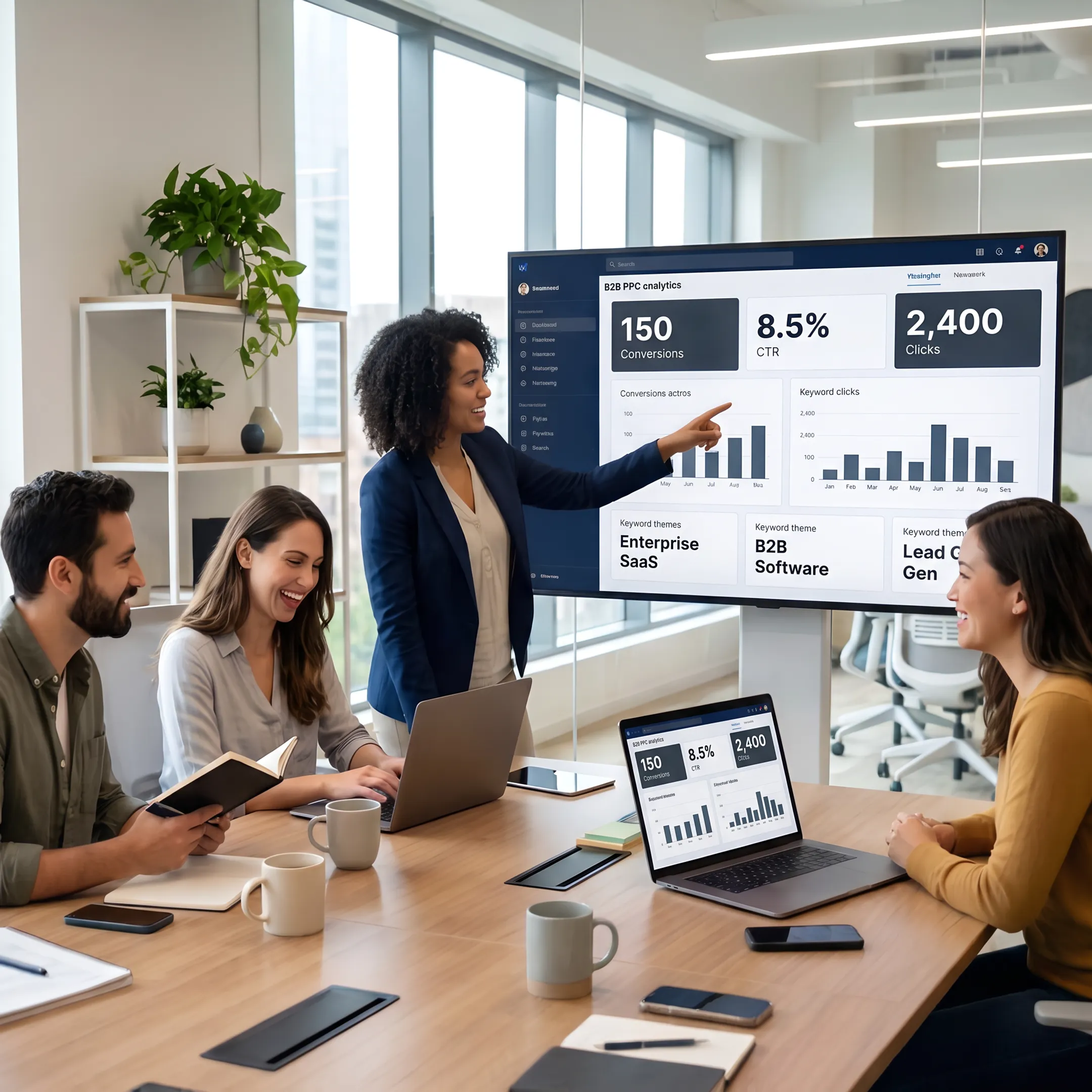 B2B marketing specialists analyzing paid search results and conversion data