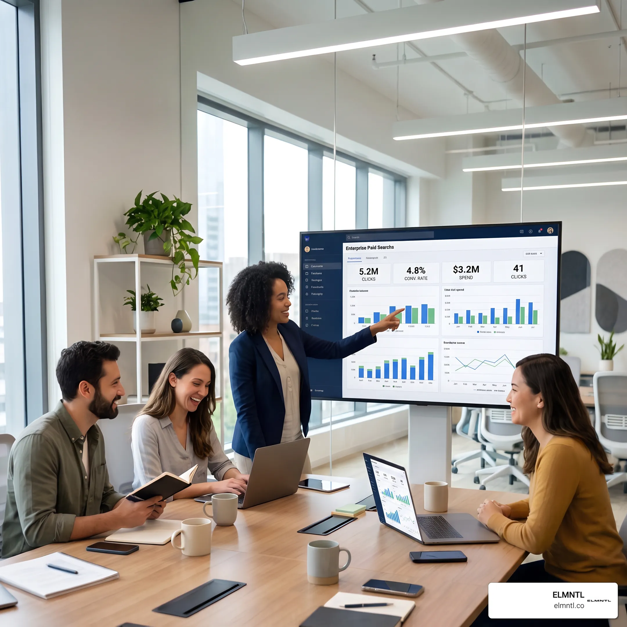Digital marketing specialists collaborating on a paid search campaign strategy