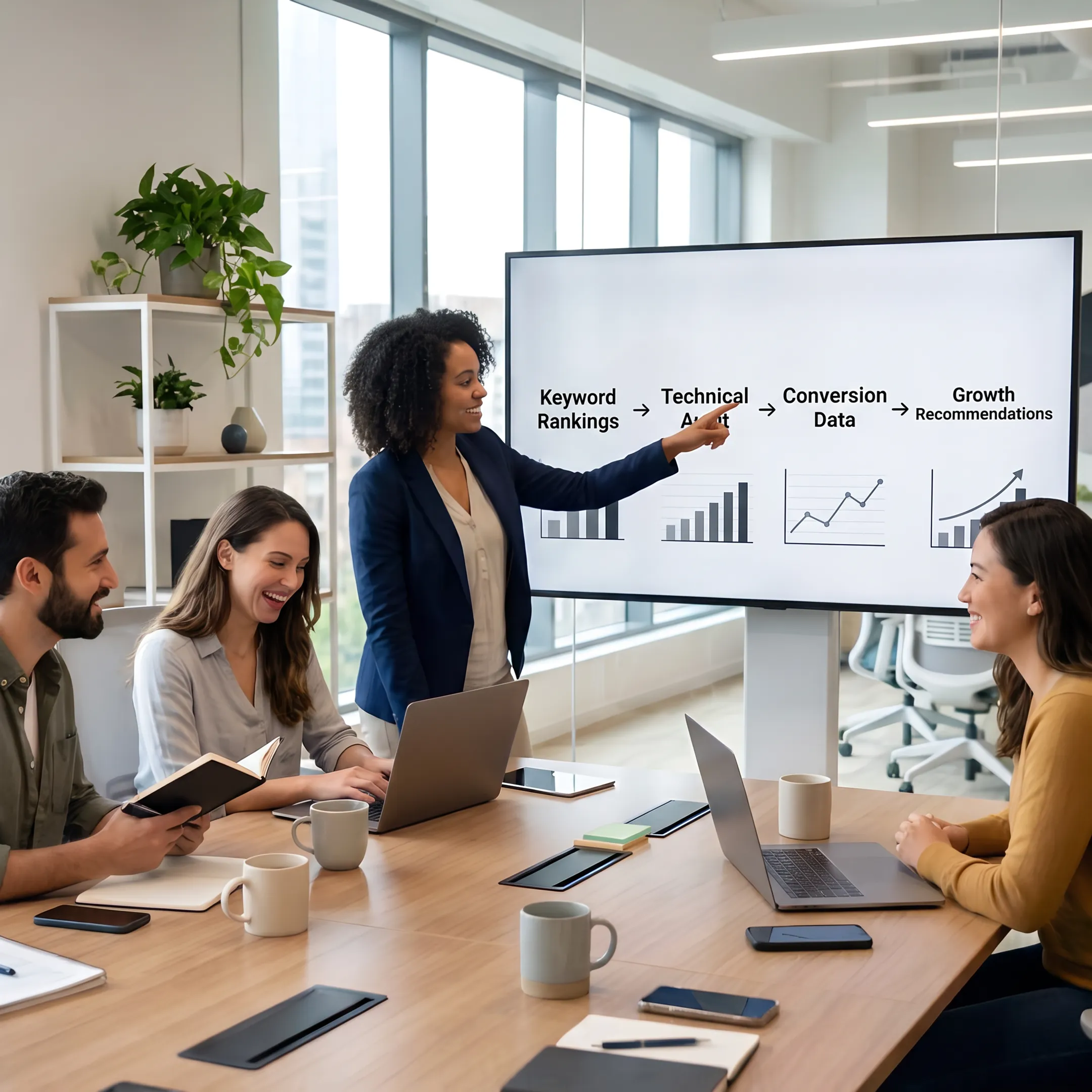 SEO strategist presenting search performance insights to a business team