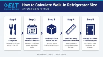 5-step walk-in refrigerator sizing calculation process flow infographic