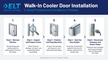 5-step walk-in cooler door installation process flow infographic