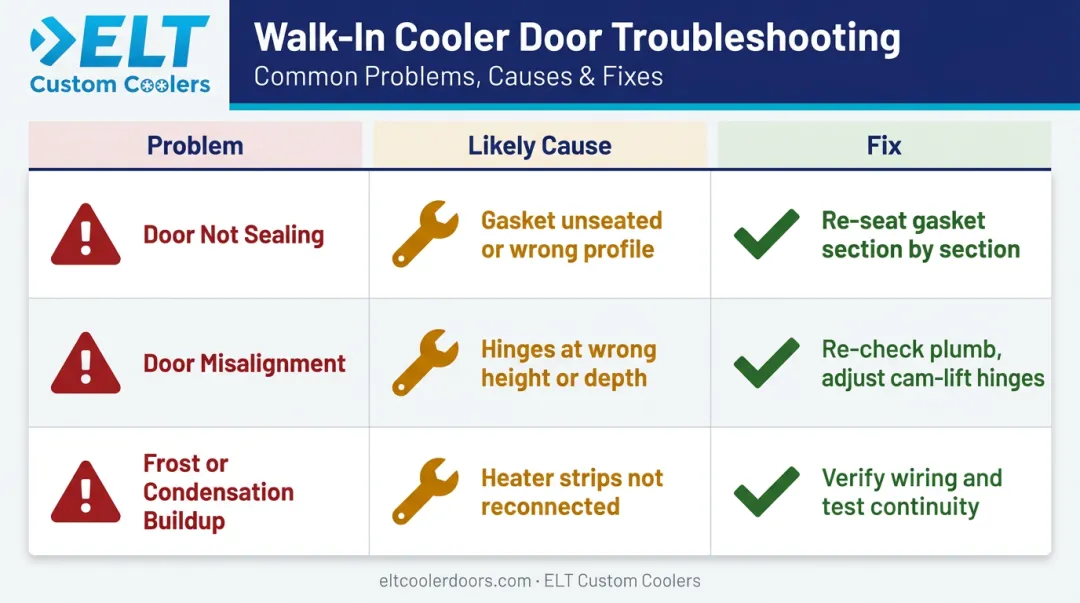 Three common walk-in cooler door installation problems causes and fixes comparison