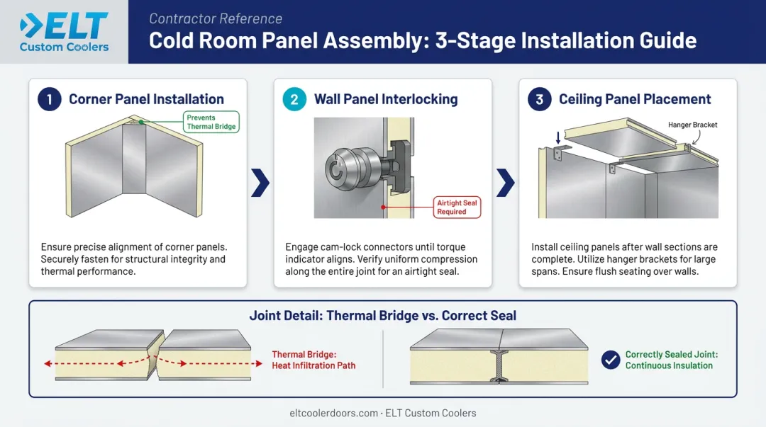 Cold room wall and ceiling panel assembly sequence with thermal bridge prevention diagram