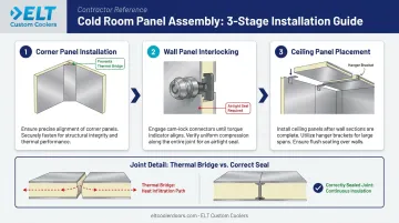 Cold room wall and ceiling panel assembly sequence with thermal bridge prevention diagram