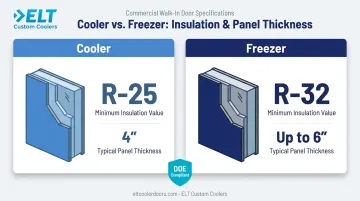 Walk-in cooler versus freezer insulation R-value and panel thickness comparison