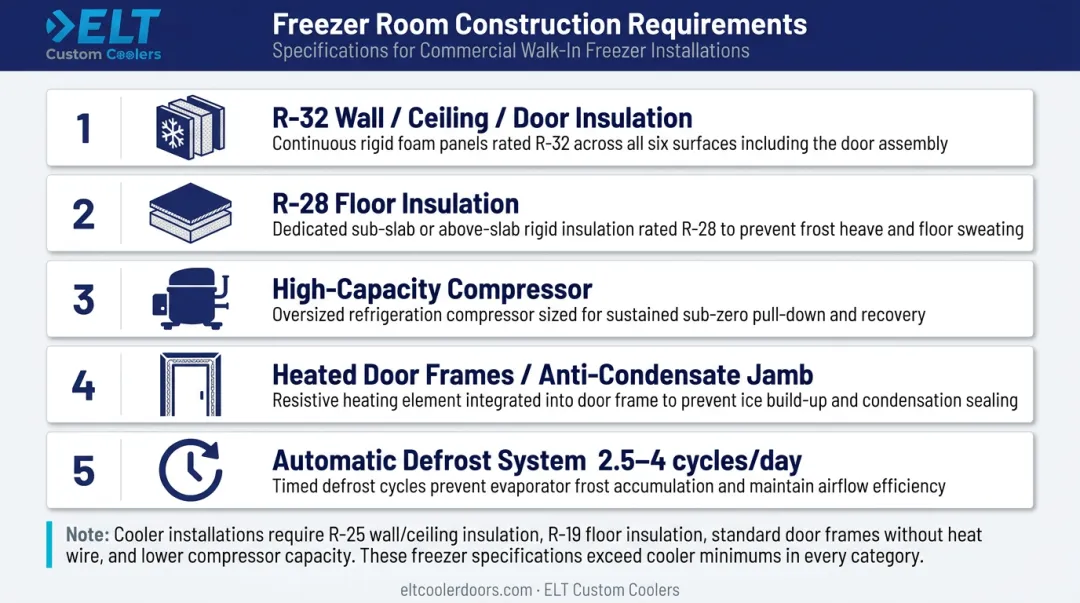 Five freezer room construction requirements infographic with insulation and defrost specs