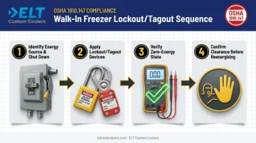 OSHA lockout tagout 4-step electrical isolation process for freezer servicing