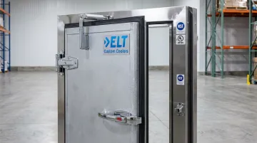 ELT Custom Coolers walk-in cooler door and frame components showing certifications and construction quality