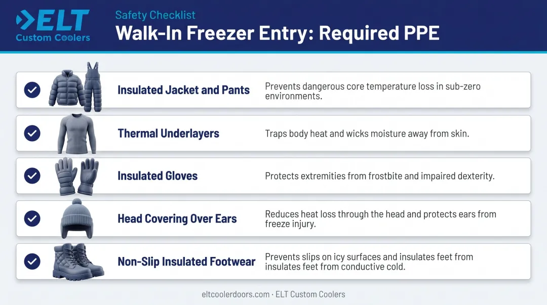 5-item walk-in freezer PPE requirements checklist infographic for workers