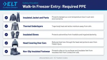 5-item walk-in freezer PPE requirements checklist infographic for workers