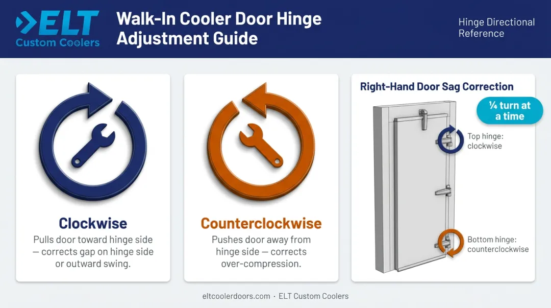 Walk-in cooler door hinge adjustment screw clockwise counterclockwise direction guide