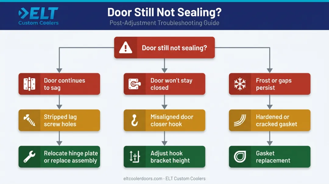 Three common walk-in cooler door problems after hinge adjustment troubleshooting flowchart
