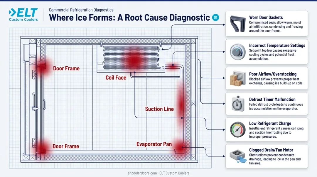 Six common causes of walk-in cooler freeze-ups diagnostic chart