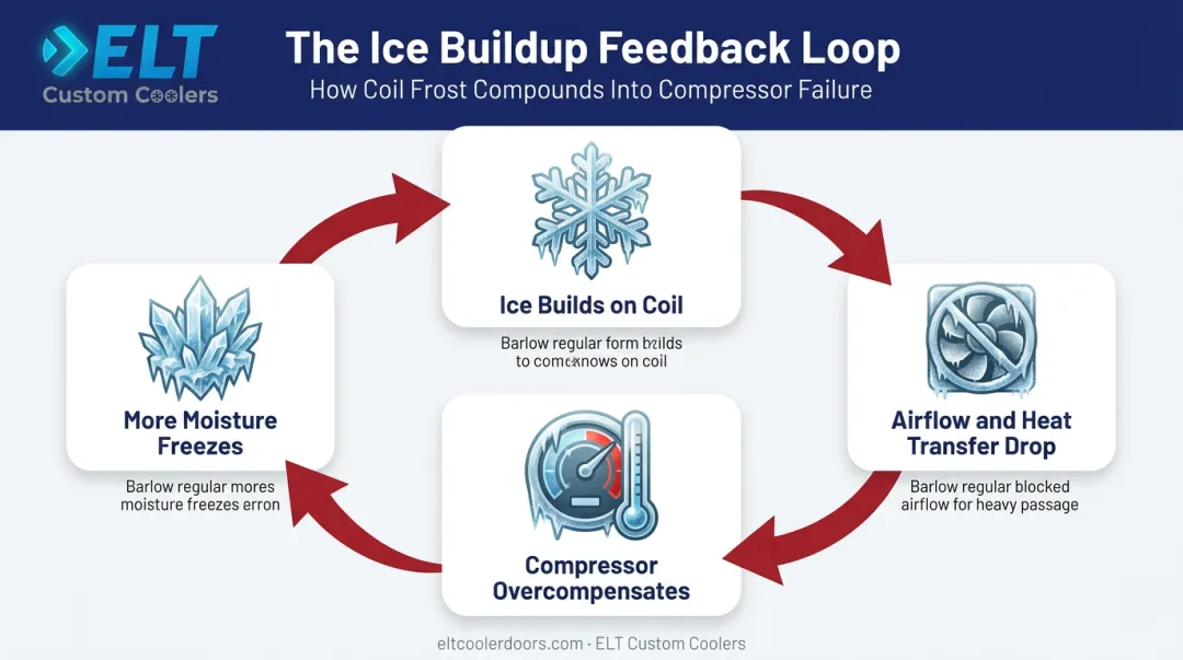 Self-reinforcing ice buildup cycle diagram in walk-in cooler coil