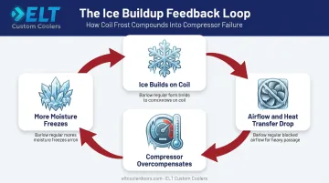 Self-reinforcing ice buildup cycle diagram in walk-in cooler coil