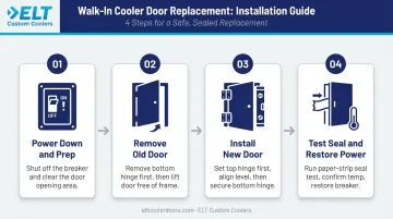 Four-step commercial refrigerator door installation process flow diagram