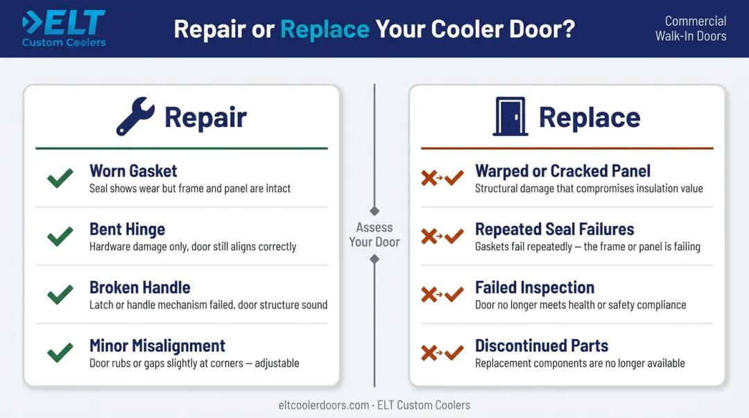 Repair versus replace commercial refrigerator door decision comparison infographic