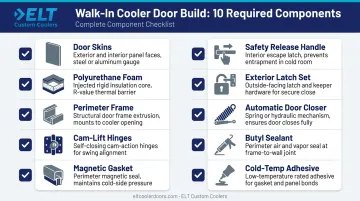 Walk-in cooler door build complete materials and components checklist infographic