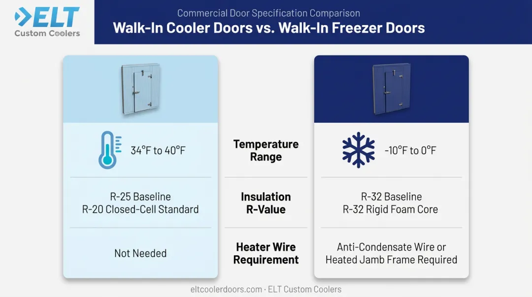 Cooler versus freezer door insulation and heater wire comparison chart