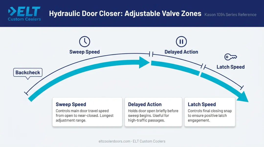 Three hydraulic valve functions sweep latch and delayed action door closer diagram