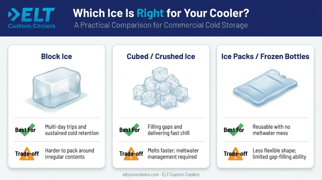 Ice type comparison chart showing block cubed and ice pack trade-offs for coolers