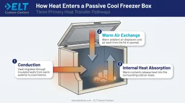 Three heat transfer pathways into a passive cool freezer box diagram