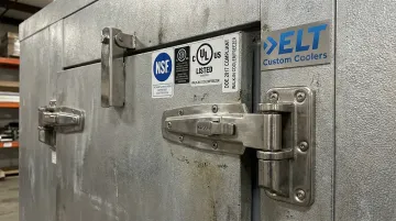 ELT Custom Coolers walk-in door hardware with NSF UL DOE certification labels