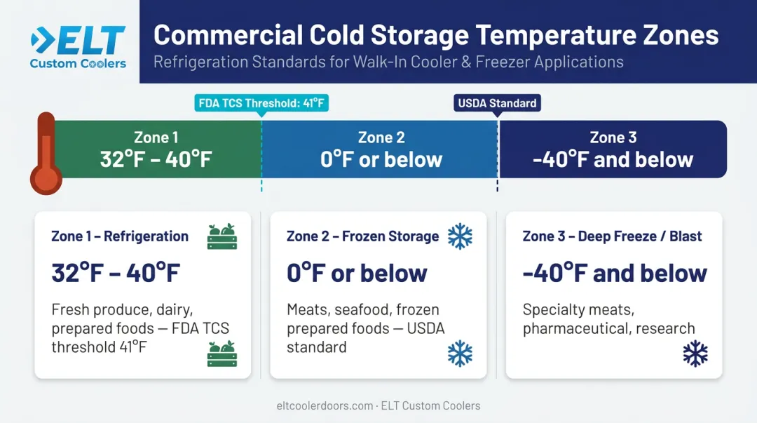 Commercial cold storage temperature zones chart with FDA and USDA compliance thresholds