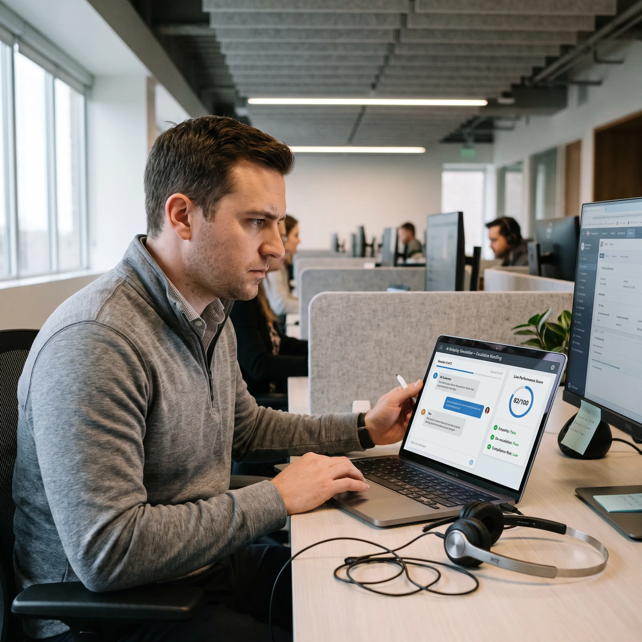 Sales representative practicing an AI roleplay conversation on a computer