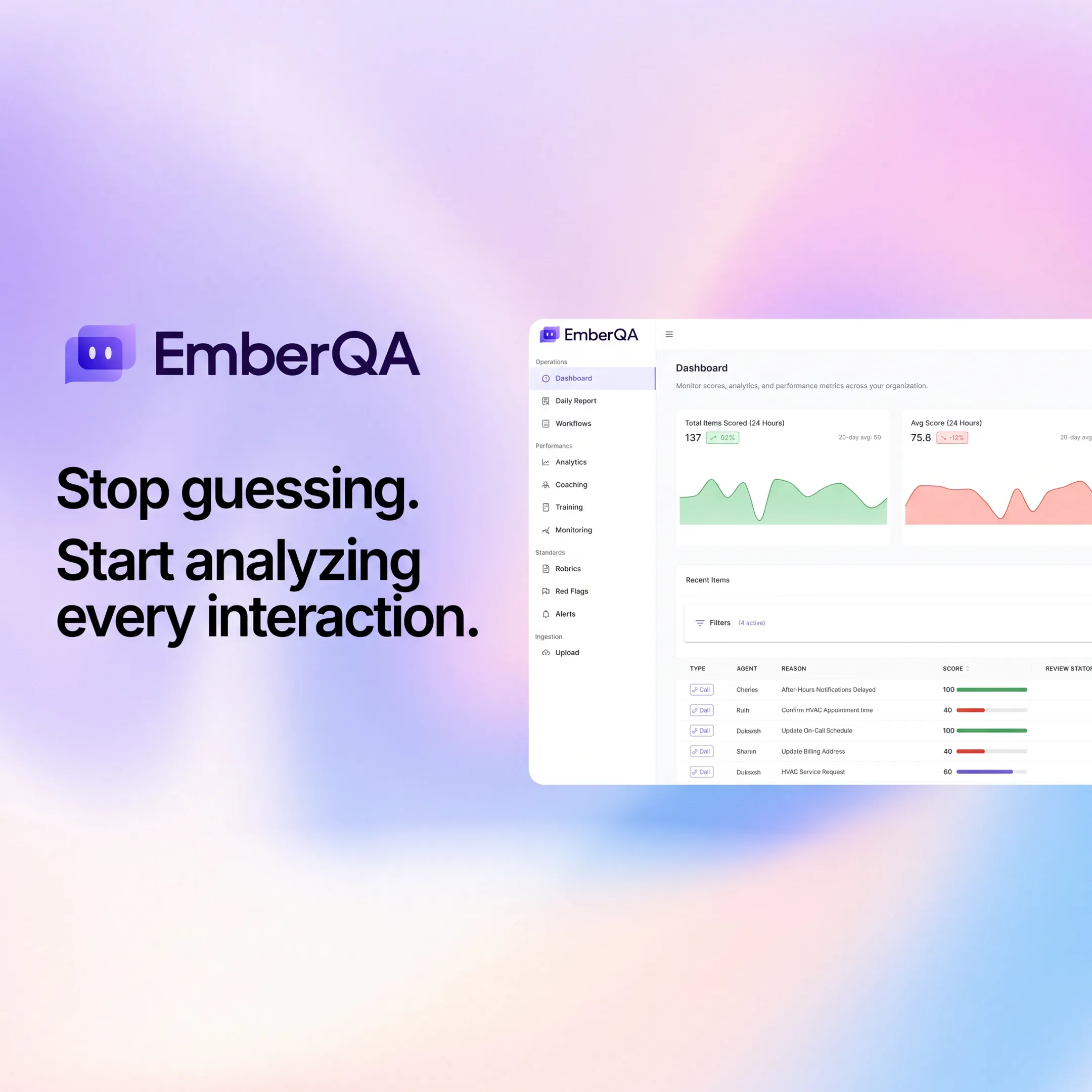 Contact center manager reviewing custom AI quality alerts and interaction insights on a software dashboard