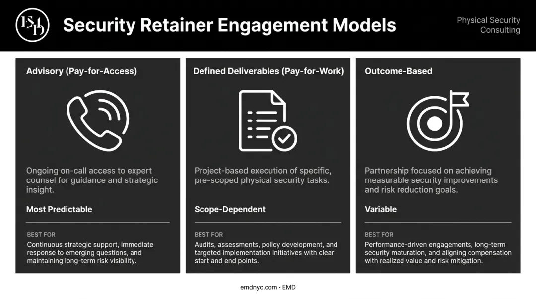 Three security consulting retainer engagement models advisory deliverables and outcome-based comparison