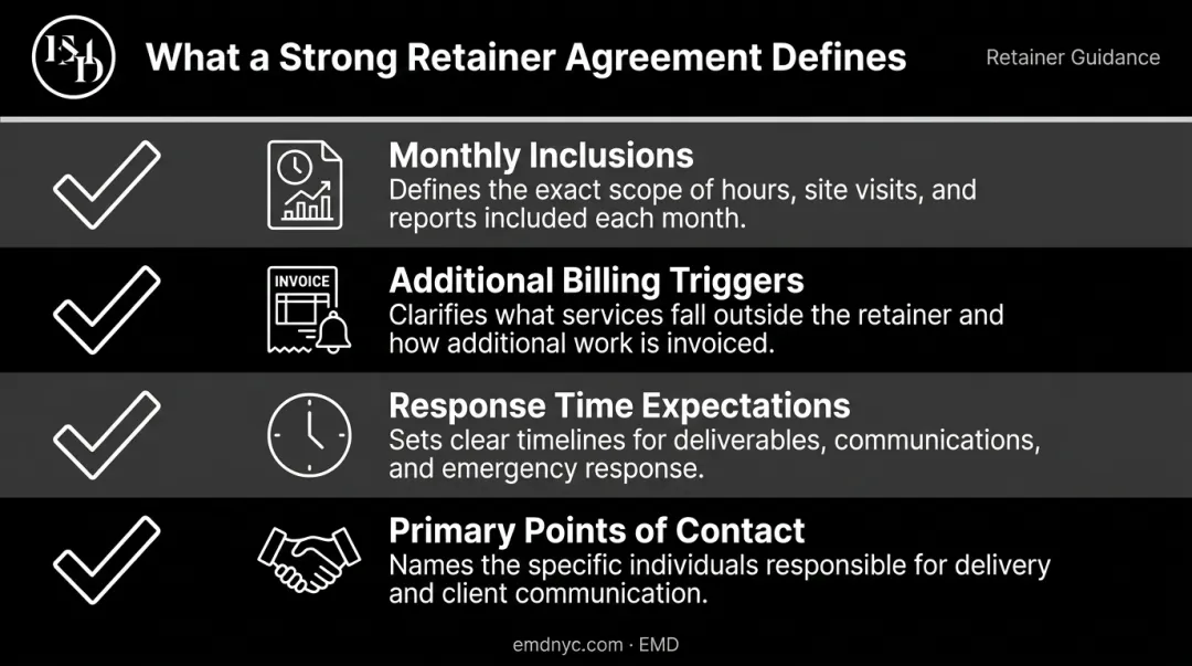 Security consulting retainer agreement four key components checklist infographic