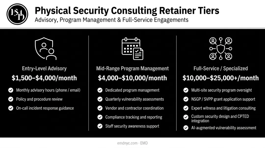 Three-tier security consulting retainer pricing comparison entry mid and full-service