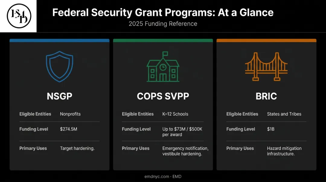 NSGP COPS SVPP and BRIC federal security grant programs comparison chart