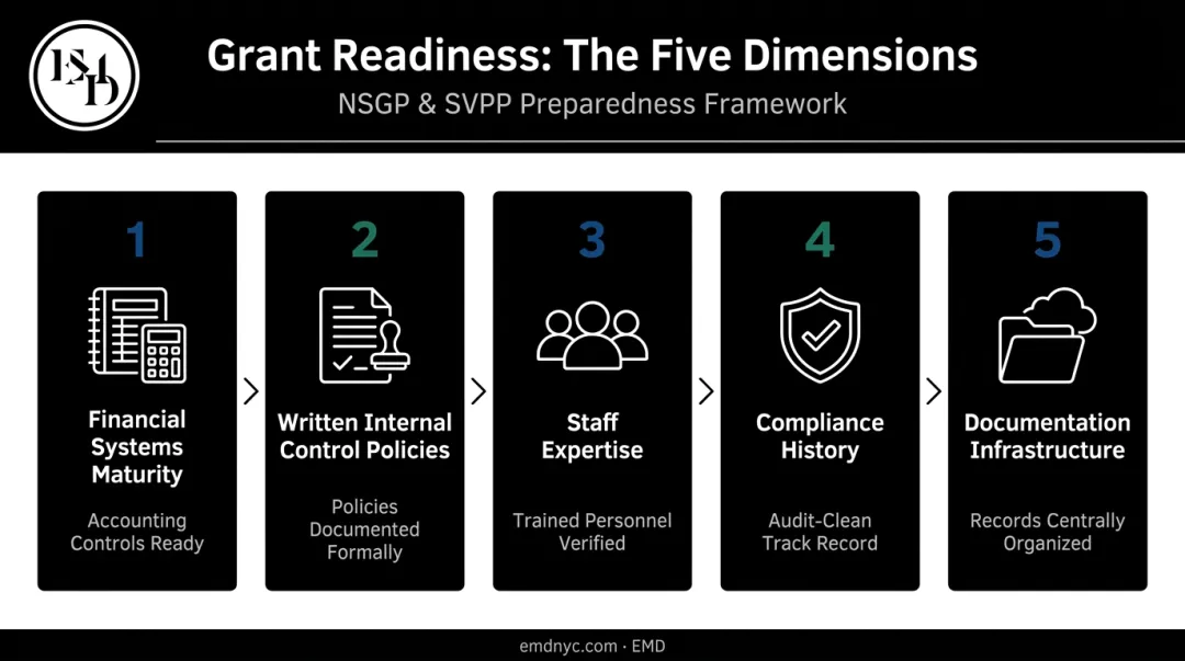 Five dimensions of federal grant readiness for security-focused organizations infographic