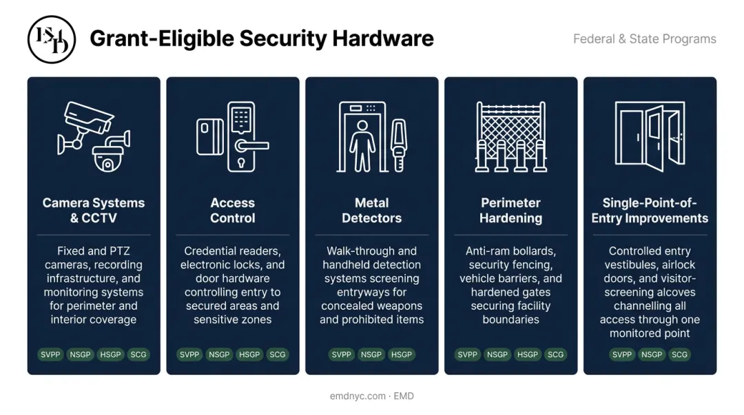 School safety grant eligible physical security hardware categories and examples infographic