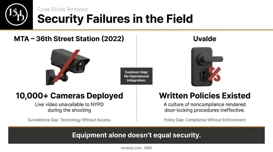 Two security failure case studies MTA 2022 subway shooting and Uvalde comparison