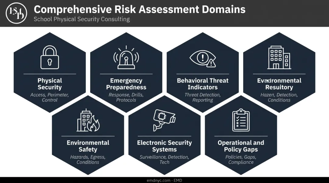Six core school risk assessment domains comprehensive evaluation framework overview infographic
