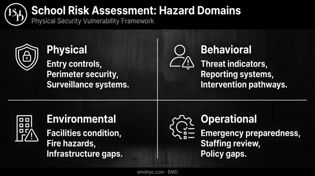 Four school risk assessment hazard categories physical behavioral environmental operational breakdown