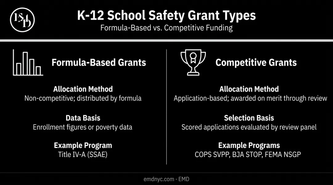 Formula-based versus competitive K-12 school safety grant types comparison infographic