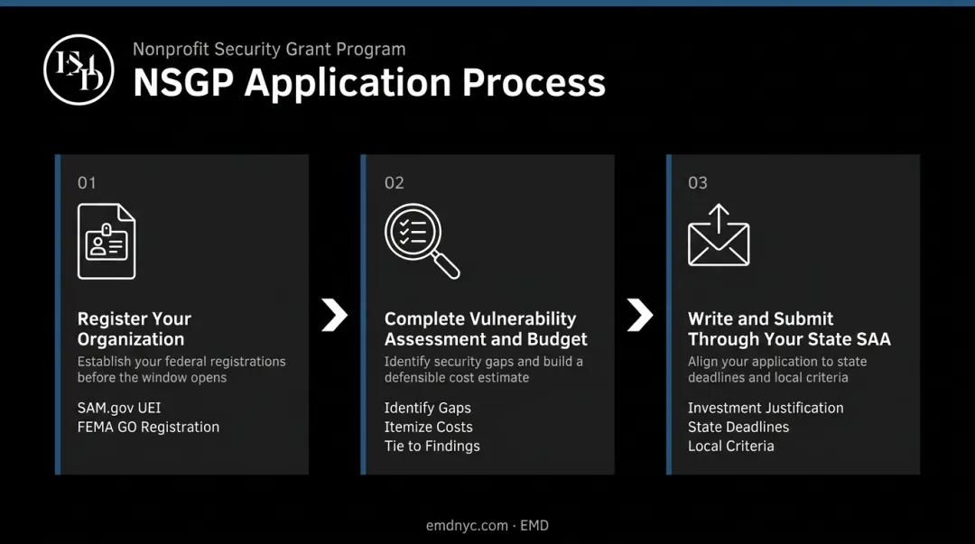 3-step NSGP grant application process from registration to SAA submission