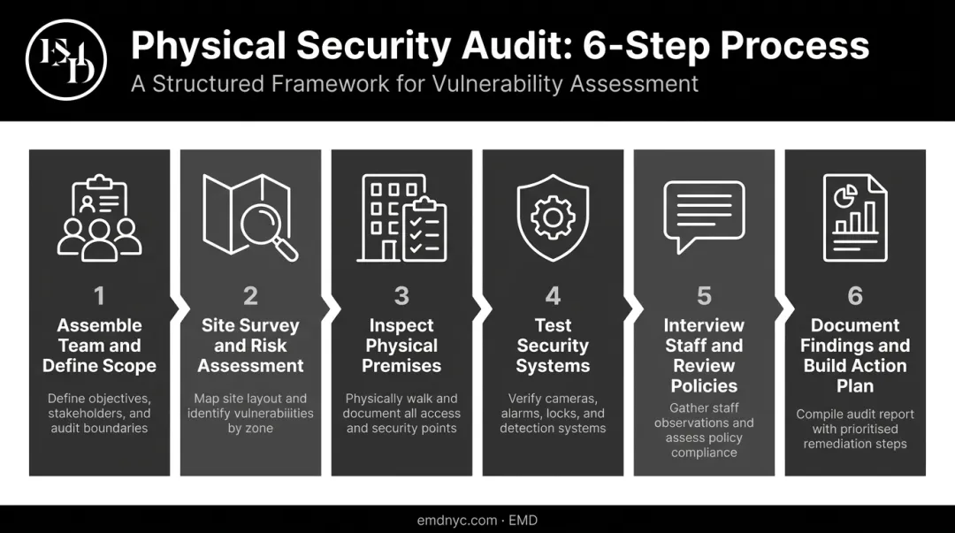 6-step physical security audit process flow from scoping to remediation plan