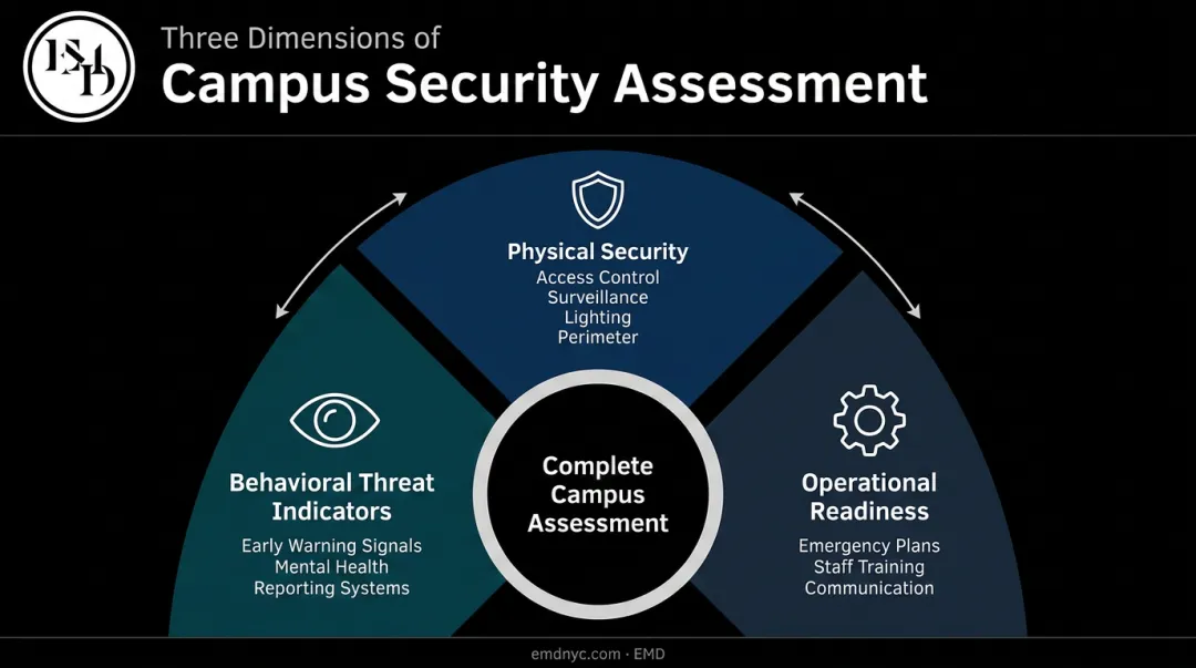 Three core campus security assessment dimensions physical behavioral operational explained