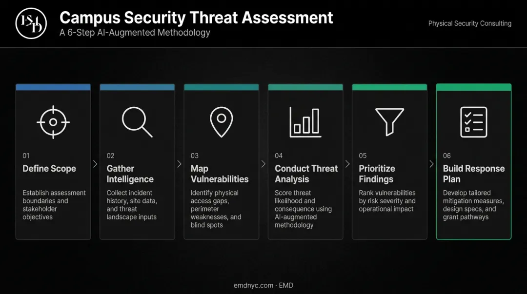 Six-step campus security threat assessment process flow from scope to action plan